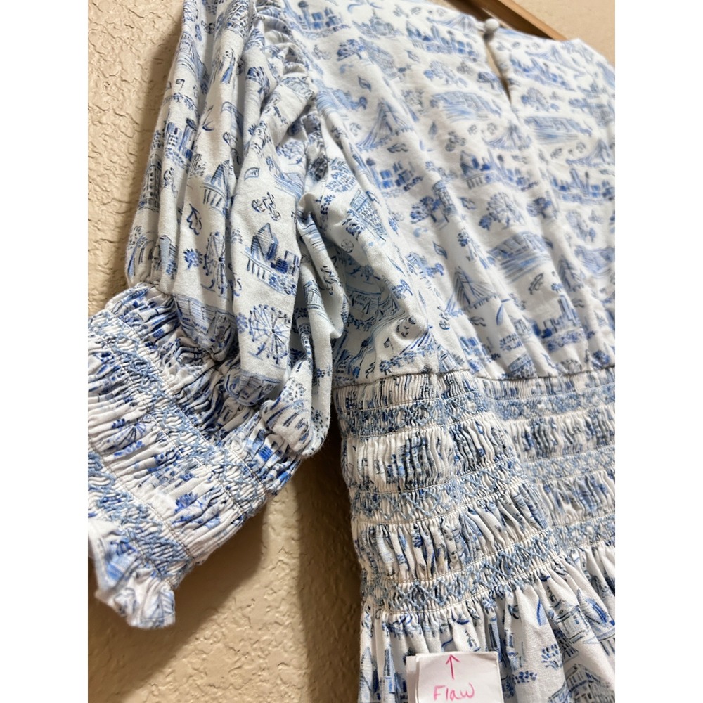 Dondolo XL Toile Top Blue White Smocked Puff Sleeve Cotton Cottage Ferris Travel - Picture 8 of 11